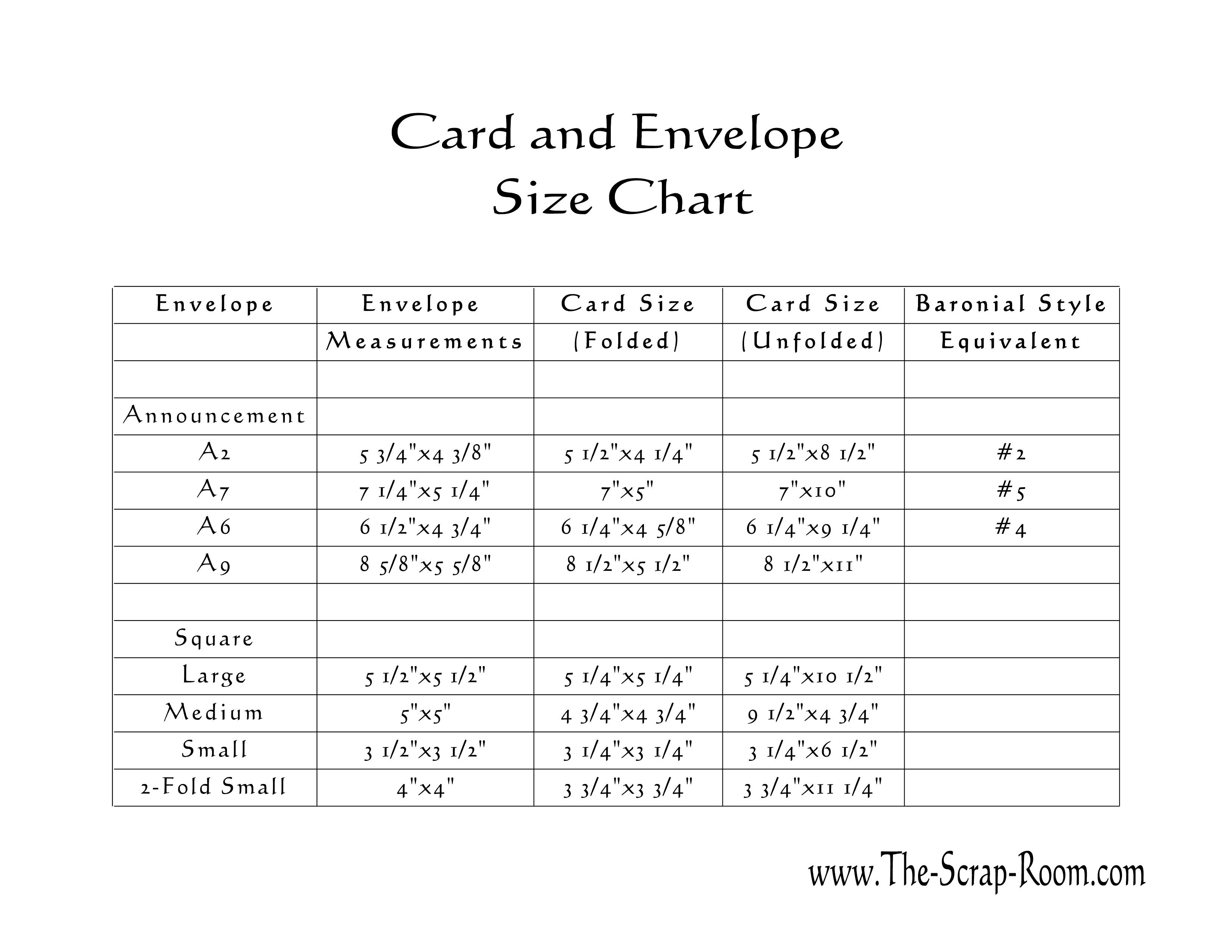 Announcement Envelope Size Chart